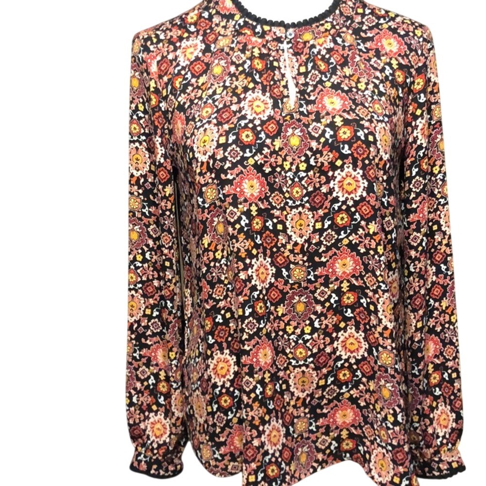LOFT Womens Small Orange Medallion Print Long Sleeve Crochet Trim Blouse 490228